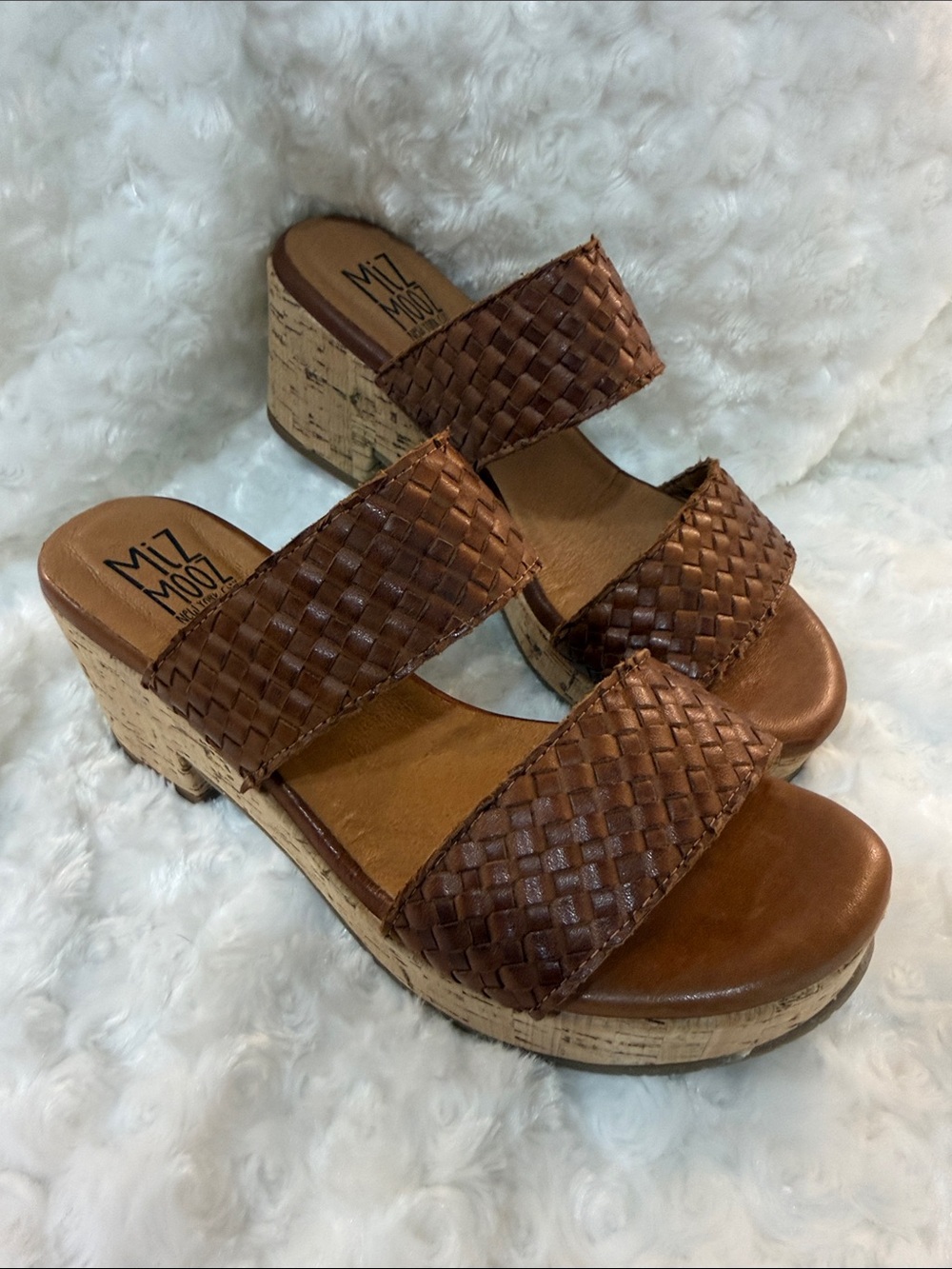 NEW Miz Mooz Brown Woven Leather Cork Wedge Slides Sz 38